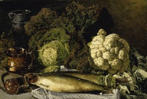Stilleben med grönsaker och fisk