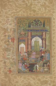 Babur tar emot en hovman, fristående folio från en spridd kopia av Baburnama (Tuzuk-i Baburi) av Zahir-al-Din Muhammad Babur, ca 1580-85 (wc, bläck och guld på papper)