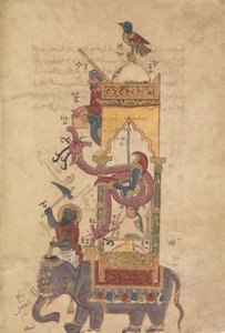 Elefantklockan, folio från en bok om kunskapen om genialisk mekanisk..., A.H. 715A.D.1315 av Farrukh ibn Abd al Latif