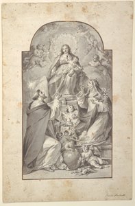 Design för en altarmålning, Saint Dominic och Saint Catherine av Siena tar emot rosenkransen från jungfrun och barnet