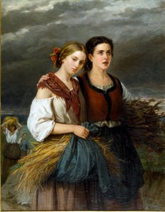 Åkrarnas återkomst Två unga bönder som bär vetekolvar i sina förkläden står tillsammans. Målning av Federica Giuliano Gervasoni (1838-1915) 1863 Sön. 135x105 cm Genes Nervi, Galleria d