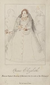Drottning Elizabeth I (färgad gravyr) av Federico (after) Zuccari or Zuccaro