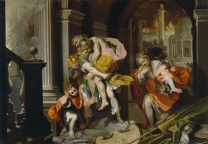 Aeneas och Anchises flyr från Troja, ca 1587 (penna & bläck och olja med vit förhöjning)