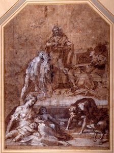 Religiös allegori, insamlingen av Manna och Eukaristininstitutionen (penna & bläck och krita med tvätt, förhöjd med vitt på papper) av Federico Fiori Barocci or Baroccio