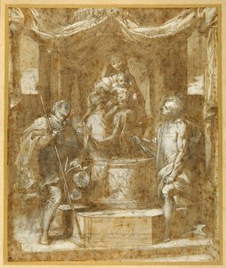Jungfrun och barnet tronar under en baldakin, med Sts Roch och Sebastian (penna & brunt bläck med brun tvätt och höjning) av Federico Fiori Barocci or Baroccio
