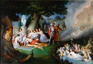 Renaud i Armides trädgård Illustration av en scen av "The Jerusalem delivree" (La gerusalemme liberata) av Torquato Tasso (känd som Muggen). Den förtrollande Armide omgiven av mycket symboliska Amours seduit med hjälp av sin magiska spegel riddaren av Federico Peschiera