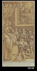 Kejsar Henri IV (1050-1106) vid påven Gregorius VII:s (1020-85) fötter, graverad av Nicolas Le Sueur (1691-1764).