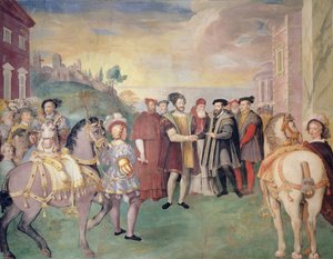 Vapenvilan i Nice mellan Francois I och kejsaren Karl V 1538, i centrum, påven Paul III Farnese, vald 1534