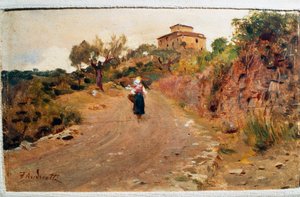 Bonde på gatan, ca 1900, av Federico Andreotti (1847-1930), olja ombord, 9x15 cm, Italien