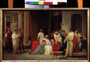 ""Läsningen av den romerske senatorns dödsdom Publius Clodius Thrasea Paetus år 66 e.Kr."" Målning av Feodor Andreyevich Bronnikov (1827-1902) 1800-talets statliga A. Radishchev Art Museum, Saratov
