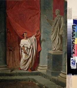 Brutus ed (Marcus Junius Brutus) (85 f.Kr.-42 f.Kr.) efter våldtäkten av Lucretius (Lucrezia, Lucretia, romersk dam). Målning av Feodor Andrejewitsch Bronnikoff (1827-1902). Olja på trä. 0,325 x 0,249 m. Schadrinsk, Museum