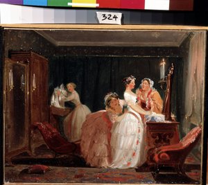 Bröllopsförberedelserna. En borgerlig tjej i en bröllopsklänning som förbereder sig för bröllopsceremonin. Verk av Feodor Andrejevitj Bronnikov (1827-1902). Olja på papper, 26 x 33 cm av Fedor Andreevich Bronnikov