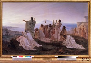 ""The Hymn to the Rising Sun of Pythagoras"" Rituell ceremoni i antikens Grekland inspirerad av Pythagoras teorier om musik och stjärnorna. Målning av Feodor Andreyevich Bronnikov (1827-1902) 1869 State Tretyakov Gallery Moskva