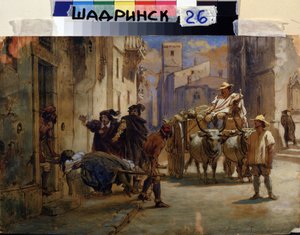 Under en epidemi. Bårbärare tar bort kroppen av en död kvinna från ett hus för att lägga den i en vagn tillsammans med andra lik. Målning av Feodor Andrejevitj Bronnikov (1827-1902). Olja på kartong, 21,8 x 33 cm, rysk konst av Fedor Andreevich Bronnikov