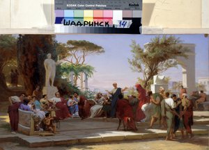Den latinska poeten Horace påminner om sina Satirer i Mecene. 1800-talet (olja på kartong)