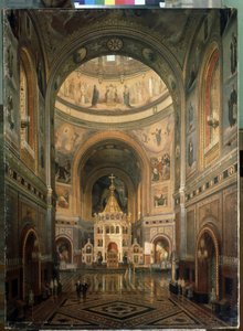 Inre vy av katedralen Kristus Frälsaren i Moskva. (Interiörvy av Kristus Frälsarens katedral i Moskva) - Byggd mellan 1839 och 1883, av arkitekten Constantin Thon (Ton) - Beskrivning av arkitekturen och dekorationen - Målning av Fedor Andreevich Klages