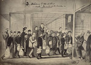 Fotografisk kopia av en ritning av Charles Wirgman med titeln, 3 itchiboos till dollarn eller dö av Felice Beato