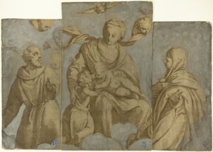 Jungfru Maria med barnet och Johannes Döparen samt helgonet Franciskus av Assisi och Klara av Felice Brusasorci