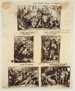 Design för olika dekorationer inklusive Coriolanus vid Roms murar av Felice Giani