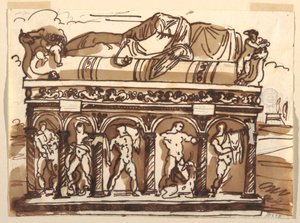 Teckning, En romersk sarkofag i Vatikanmuseet, ca 1820 av Felice Giani