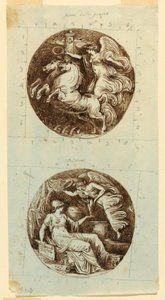 Teckning, En bevingad seger i vagn; En bevingad seger som kröner Minerva; två rundlar, ca 1805 av Felice Giani