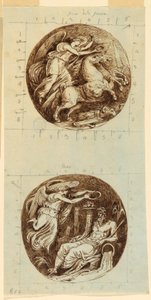 Teckning, En bevingad seger i vagn; En bevingad seger som kröner en flodgud, Reno; två rundlar, ca 1805 av Felice Giani