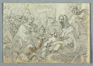 Teckning, studie av Magiernas tillbedjan efter Lodovico Carracci, 1800-1820 av Felice Giani