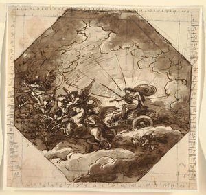 Teckning, Apollo i sin vagn med Aurora, Sala Ottogonale, Palazzo Milzetti, Faenza, 1804-05 av Felice Giani