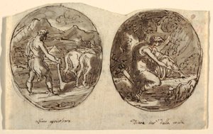 Man the Farmer, Diana the Goddess of the Hunt, Design för välvt tak, Sala dei Legislatori, Palazzo Conti-Sinibaldi, Faenza av Felice Giani