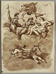 Minerva, Merkurius, Juno och Venus på molnen, studie efter Marcantonio Franceschini