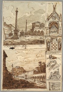 Piazza San Domenico i Bologna; Piazza San Francesco och Villa Aldini i Bologna; Studie av Tomb of Glossatori av Felice Giani