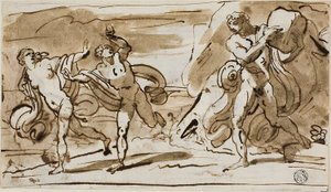 Polyphemus kastar stenblock mot de flyende Aeis och Galatea (recto); Polyphemus spelar sina vassrör för Galatea (verso) av Felice Giani