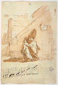 Recto: Tre musiker framför Albergo Della Pace, 1810 av Felice Giani