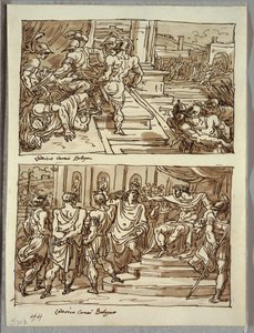 Remus dödar kung Amulius; Remus ledde i kedjor inför kung Amulius; Två studier efter Carracci av Felice Giani
