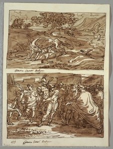 Romulus och Remus diade vargen; Romulus tillägnar Jove Feretrius bytet av den erövrade kungen Acronius, två studier efter Carracci av Felice Giani