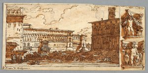 Skissboksida, Folio 57: Studie efter Piazza Emmanuelle i Bologna; Verso, arkitektonisk detalj av Felice Giani