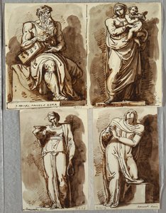 Studier efter fyra statyer på Julius II:s grav, efter Michelangelo: Moses; Madonna och barn; Lea, Dygd; Rachel, Religion av Felice Giani