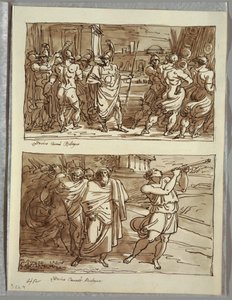 Romulus stolthet: Hånandet av den gamle kaptenen på Veii; Två studier efter Carracci av Felice Giani