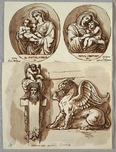Två teckningar av Madonnan och barnet i ovaler, studier efter Giambologna och Alfonzo da Ferrero; Herm och Chimera, efter Antik av Felice Giani
