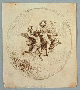 Två flygande putti med Dionysos attribut av Felice Giani