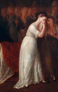 En kvinna som lagen som styr moderns ställning inom familjen, underlägsen mannens. Detalj av tillkännagivandet av civillagen eller Napoleon Bonapartes lag den 21/03/1804 (målning