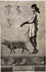 Pornokrates (Naken kvinna, ögonremsor, omgiven av änglar och håller en gris i koppel) - teckning av Felicien Rops (1833-1898)