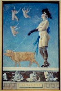 Pornokrates. En naken kvinna i strumpor med ögonbindel dras av en gris hon håller i koppel - Pornografisk målning av Felicien Rops (1833-1898) Ec Belg