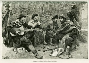 En payador, duell på vers av vandrande sångare. Gravyr av Myrbach, för att illustrera berättelsen Voyage a la Plata, 1886, av Emile Daireaux, i le tour du monde 1888, regisserad av Edouard Charton (1807-1890), Hachette, Paris.