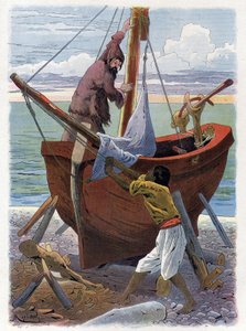 Robinson Crusoe och Friday bygger en båt.