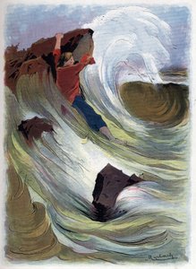 Robinson Crusoe lyckas hålla sig fast vid en sten. av Felicien baron de Myrbach-Rheinfeld