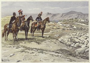 Soldater på hästryggen vid kartläggning av Nicopolis av Felicien baron de Myrbach-Rheinfeld