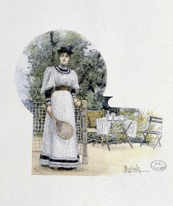 Ung kvinna på en tennisbana - gravyr, sent 1800-tal