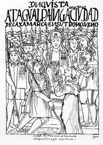 Diego de Almagro, Francisco Pizarro och broder Vicente de Valverde knäböjer inför Atahualpa Inca i Cajamarca