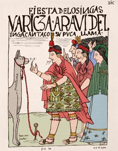 Inca Empire: The Sacrifice of a Lama on the Occasion of an Inca Rite - Bläckteckning från manuskriptet "" New Crown and Good Government"" av Don Felipe Puma de Ayala som illustrerar inkans liv, cirka 1587 Lima, National Museum of Antropologi, Arch av Felipe Huaman Poma de Ayala